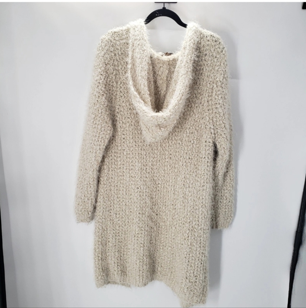 Women's POL Beige/White Eyelash Hooded Open Front Cardigan Sweater Size M. - Picture 5 of 7